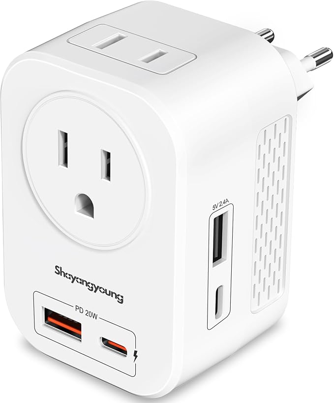Voltage Converter US to Europe, 220V to 110V Converter for European Travel, Power Converter for Europe with 20W PD,2 Type-C Port 2 USB-A,Power Plug Combo for Italy Spain Greece - White