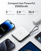 VRURC 20000mAh Portable Charger with Built-in Cables, 22.5W Fast Charging Power Bank, USB C Battery Pack Travel Essentials for iPhone 17 16 15 14 13, Samsung Galaxy S26 S25, LED Display, White