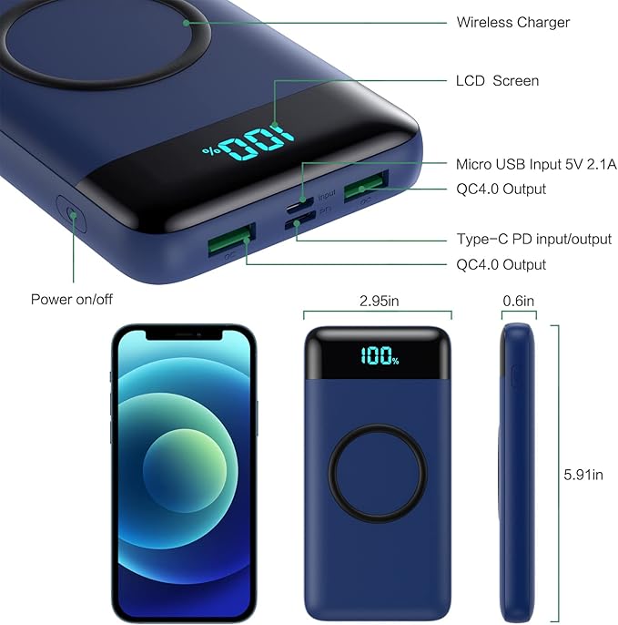 Wireless Portable Charger 30,800mAh,15W Wireless Charging USB C Power Bank,25W PD QC 4.0 Fast Charging 4 Outputs Travel Essentials Battery Pack Compatible with iPhone 17/16/15/14,Galaxy,Android-Blue