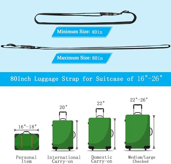 2Pieces Luggage Straps for Suitcase Travel Accessories TSA Approved, 80In Long Belts to Keep Your Suitcase Secure, Black Adjustable Bag Straps with Quick-Release Buckle for Travel Bag Closure