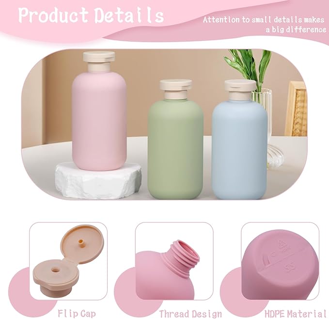 6 Pack Leakproof Travel Bottles 6.8oz | Squeeze Shampoo & Lotion Containers with Locking Flip Caps | Food Grade HDPE/PP for Toiletries, Gym, Camping (Green+Blue+Pink)