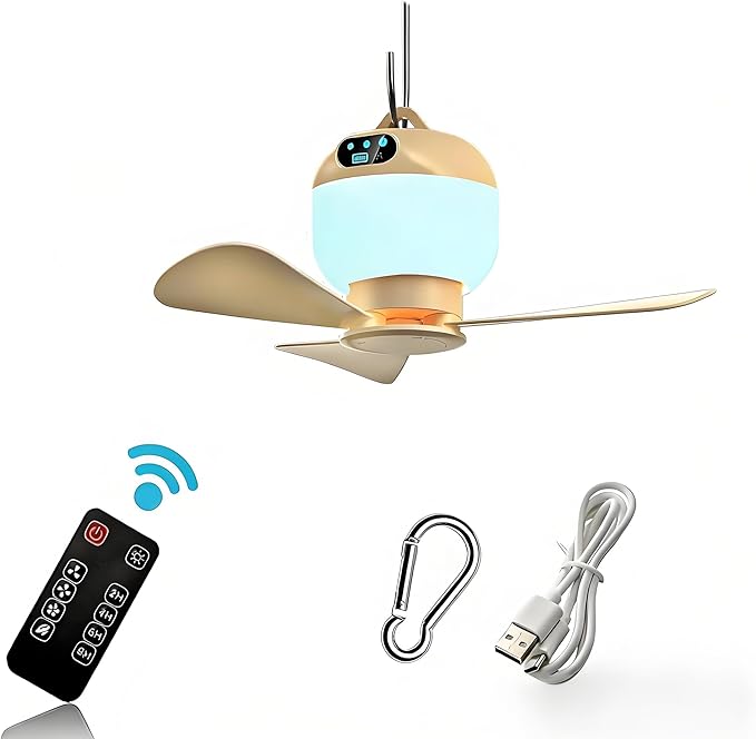 Camping Fan with Light & Remote, Portable Ceiling Fan for Tents, Canopy, Beach, RV, Car, Camper & Outdoor, Wireless Rechargeable Hanging Pop up Tent Fan - 3 Speed Breeze & Timer, 10.63 Inch