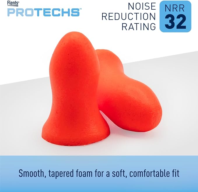 Flents Protechs Foam Ear Plugs, Contoured for Comfort, Ideal for Work with Loud Noise, Heavy Machinery, Construction, Studying & Traveling, NRR 32, Orange, Easy to Use, 50 Pair