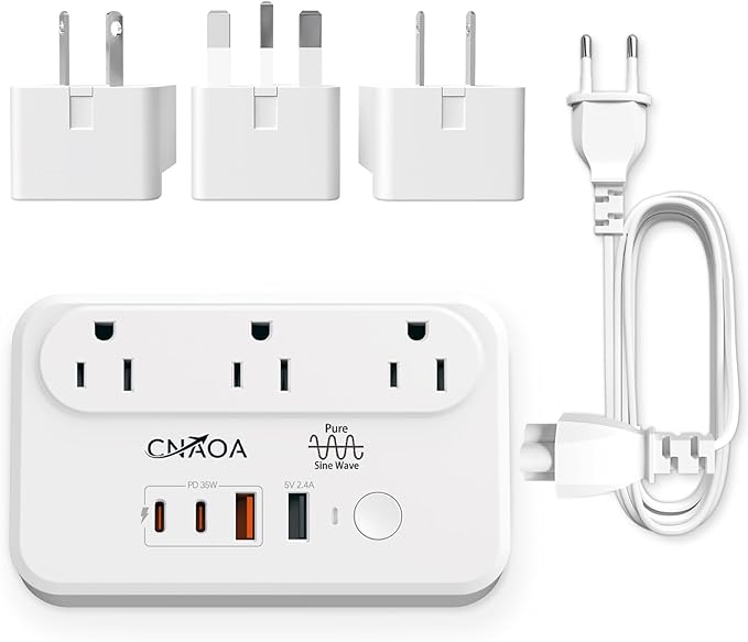 220V to 110V Voltage Converter, 350W Pure Sine Wave Voltage Converter US to Europe with 35W PD 2 Type C & 2 USB A Port, International Power Converter Combo Plug for International Travel White-I