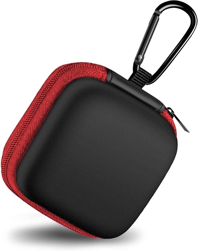 Square Earbud Case Portable EVA Carrying Case Storage Bag Cell Phone Accessories Organizer with Carabiner for Earphone, Earbud, Earpieces, SD Memory Card, Camera Chips, Tech Pouch, Red