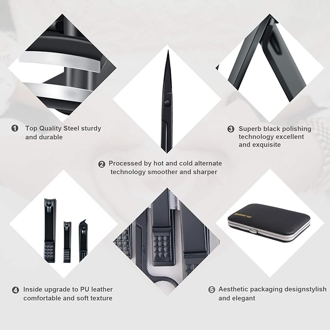 Manicure Set, Travel Mini Nail Clippers Kit Pedicure Care Tools, 10pcs Stainless Steel Grooming kit (Black)