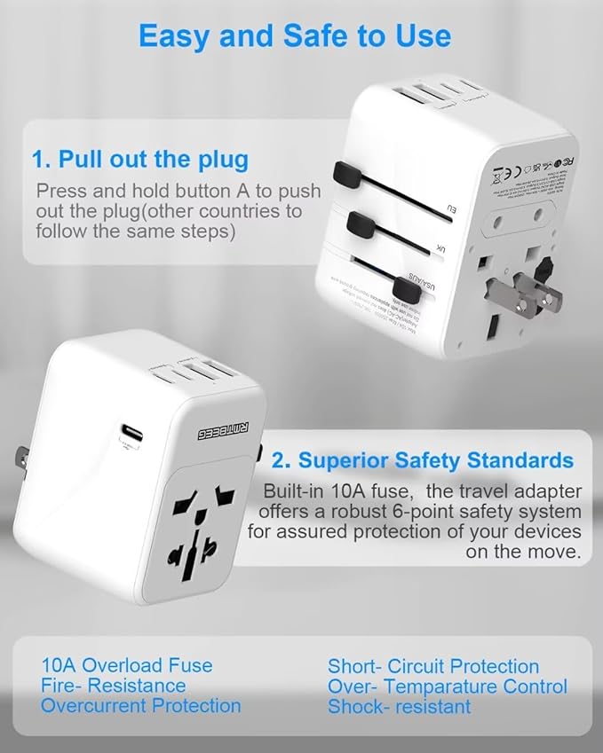 Universal Travel Adapter, International Power Plug Adapter with 3 USB-C & 2 USB-A Ports, All-in-One Worldwide Wall Charger for US EU UK AUS, Compatible with Type C/G/A/I Plugs for Travel
