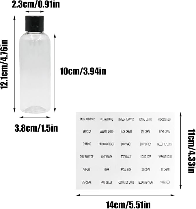5 Pcs Transparent Travel Size Bottles, 3.4oz Travel Size Containers with Labels, Refillable Liquid Containers for Travel/Travelers/Toiletries