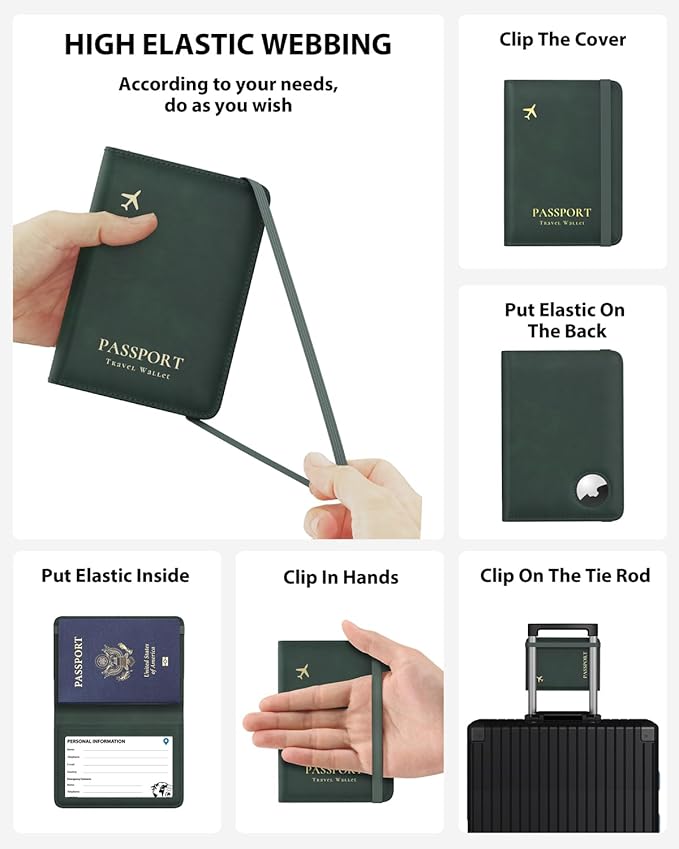 Stouchi Airtag Passport Holder – Track Your Passport, RFID Blocking Travel Wallet for Men, Slim All-in-One Organizer for Secure International Travel (Green)