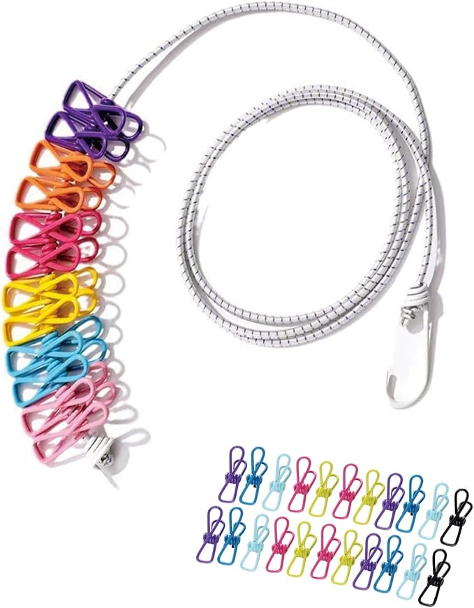 3.8M Travel Clothesline with 22 Clothes Clips, Retractable Portable Clothesline, Multifunctional Clips for for Camper Hotel Room Clothes, Books, Indoor and Outdoor, Colorful