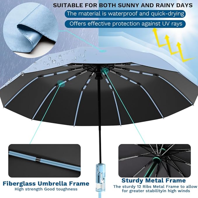 YINBAOGE Compact Travel Umbrella, Automatic Folding Windproof 12 Ribs, 42 Inch Canopy with UV Protection, Durable Lightweight Portable Parasol for Rain & Sun, Fits Car, Backpack, Men & Women