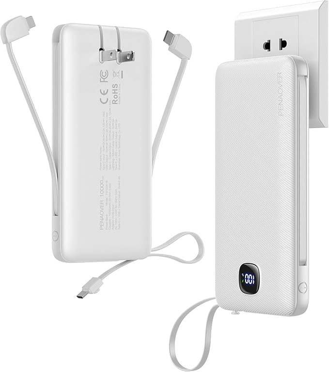 penaover Portable Charger with Built-in Cables&AC Wall Plug,Slim 10000mAh 22.5W Fast Charging Power Bank,5 Output 2 Input USB-C External Battery Pack Compatible with iPhones,Samsung,Android, etc