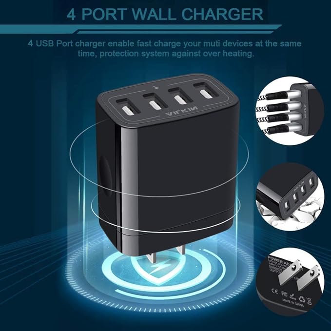 USB Wall Charger, 2-Pack AILKIN 4.8A 4-Port USB Plug Cube Brick Charging Box Wall Charger Plug, Charging Block for iPhone 17 16 15 14 13 Pro Max 12 11Pro Max/XR Plus, Samsung Galaxy S23 S22 S21