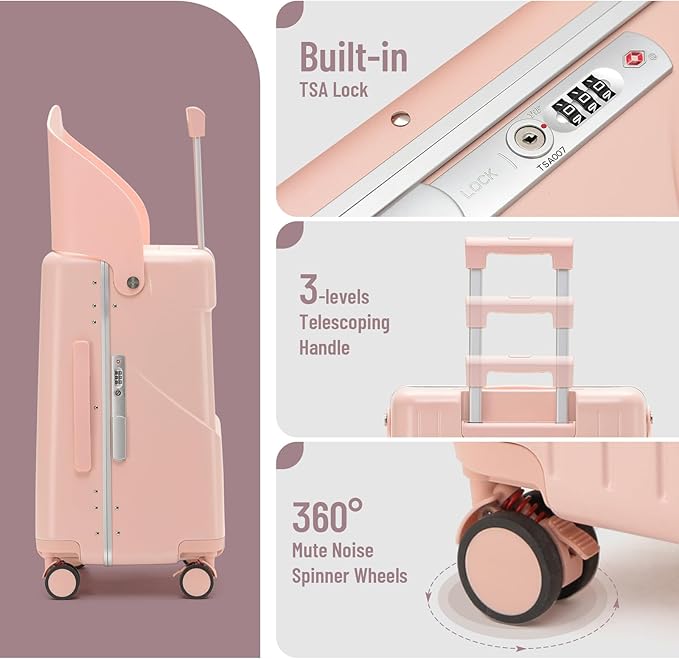 Apelila Ride On Suitcase with Built-In Seat 20 Inch Carry-On Luggage for Kids & Adults, TSA-Approved Underseat Spinner with 360° Wheels, Lightweight Suitcase for Airplane Travel