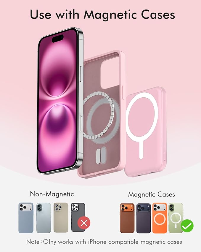 podoru for Magsafe Battery Pack, 5000mAh Magnetic Power Bank with Type-C Cable 20W PD Fast Charging Lighting Input Wireless Portable Charger for iPhone 17/16/15/14/13/12/ All Series-Pink