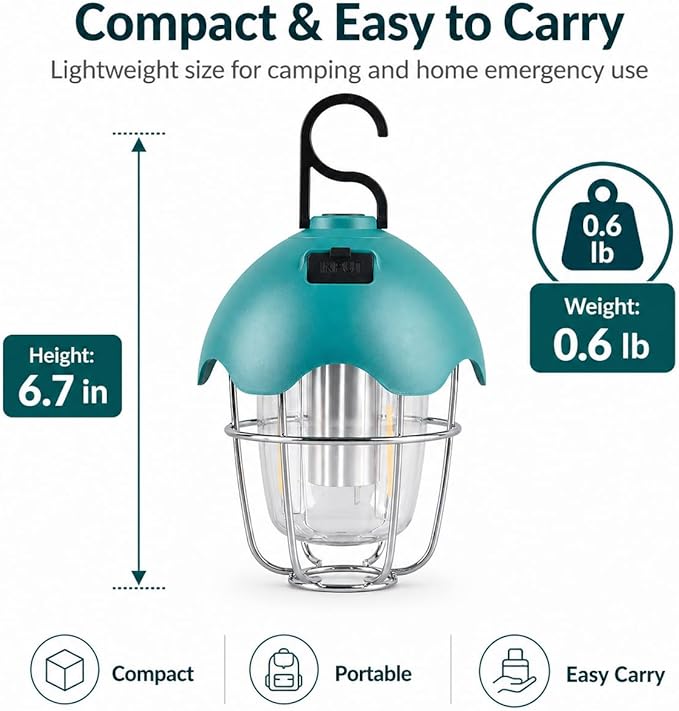 HOMY LED Camping Light Rechargeable Waterproof Vintage Tent Light with Warm Glow, Dimmable Outdoor Lantern for Camping, Emergencies, and Power Outages