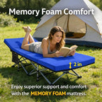 ABORON Camping Cot with 2in Memory Foam Mattress, 900LBS Heavy Duty Sleeping Cot for Adults, Extra Wide Sleeping Cot, 1200D Double Layer Oxford Cot for Camping, Guest, Office Nap