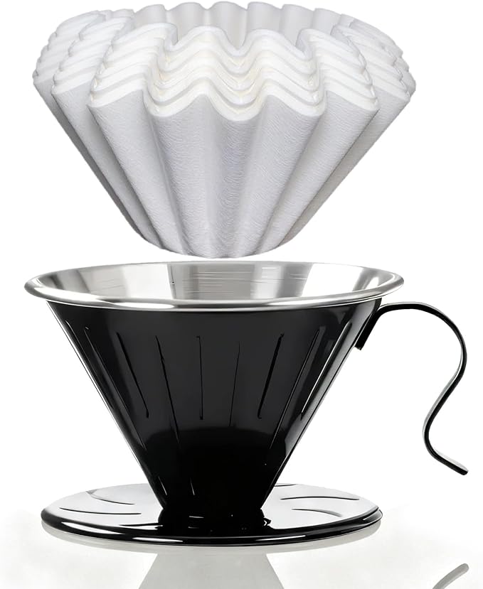 AGOGO V60 Coffee Dripper - Unbreakable 304 Stainless Steel Pour Over Cone for Travel & Camping, Includes 50 Paper Filters & Barista Towel - Black