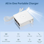 Wireless Charging Portable Charger with Built-in Cables & AC Wall Plug, 10000mAh Power Bank with LED light, PD 22.5W Fast Charging Travel Portable Charger for iPhone, Samsung, Android(No-Magnetic)