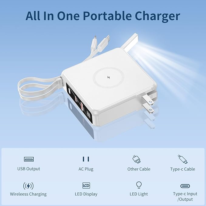 Wireless Charging Portable Charger with Built-in Cables & AC Wall Plug, 10000mAh Power Bank with LED light, PD 22.5W Fast Charging Travel Portable Charger for iPhone, Samsung, Android(No-Magnetic)