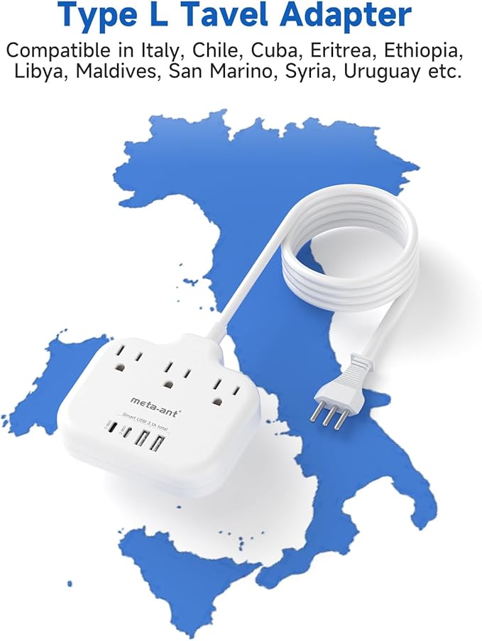 Italy Travel Plug Adapter with 3FT Extension Cord, meta-ant Italy Power Adapter with 3 American Outlets 4 USB Ports(2 USB-C), Type L Adapter for US to Italy Chile Ethiopia Libya Syria Tunisia Uruguay