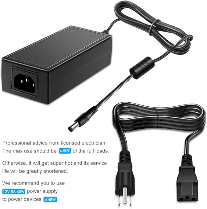 SHNITPWR 12V 5A 60W Power Supply Adapter AC DC Converter 100V~240V to 12 Volt 5 Amp Transformer 5.5x2.5mm Plug for 5050 3528 LED Strip Light 3D Printer LED Driver CCTV Security System LCD Monitor