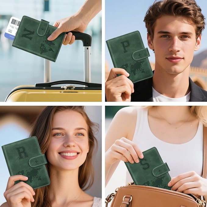 Personalized P Passport Holder Cover Initial Letter Travel Wallet RFID Blocking Passport Cover Credit Card Holder Case Passport Book Holders for Women and Men, Pine Green-P