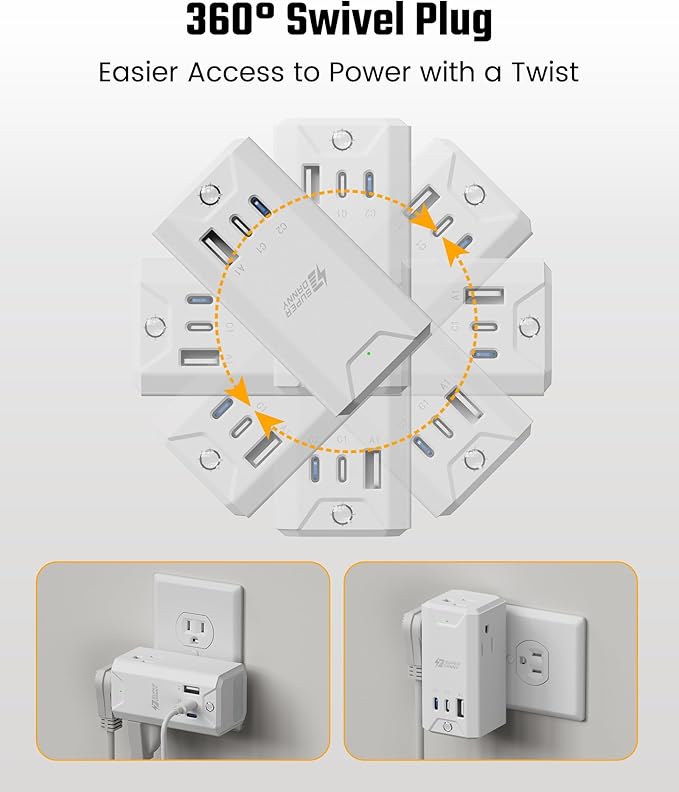 Rotating Wall Outlet Extender with Night Light, SUPERDANY 3 AC Outlet Adapter with 3 USB Ports, 20W USB-C Fast Charging, Automatic Light ON/OFF Dimmable, 4-Sided Outlet Splitter for Home Office Travel