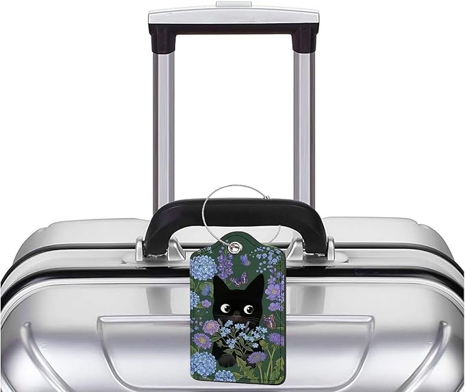 2 Pack Luggage Tag for Suitcase, Cute Unique Leather Bag Tags Identifiers Privacy Cover ID Label with Durable Steel Loop for Women Men Kids Girls Travel (BlackcatskyB)