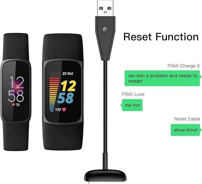 Charger Cord Replacement for Fitbit Charge 5/Charge 6/Luxe Smartwatch, Reset Button Cable (3.3Ft/2 Pack)