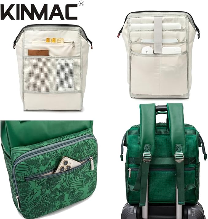 Kinmac Wide Open Style Laptop Backpack for Laptop Up to 15.6 Inch Men Women Travel Outdoor Backpack (Green Leaves PU)
