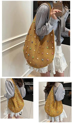 Boho Crochet Beach Tote Shoulder Bag with Colored Beads | Colorful Aesthetic Hippie Knit Bag for Women
