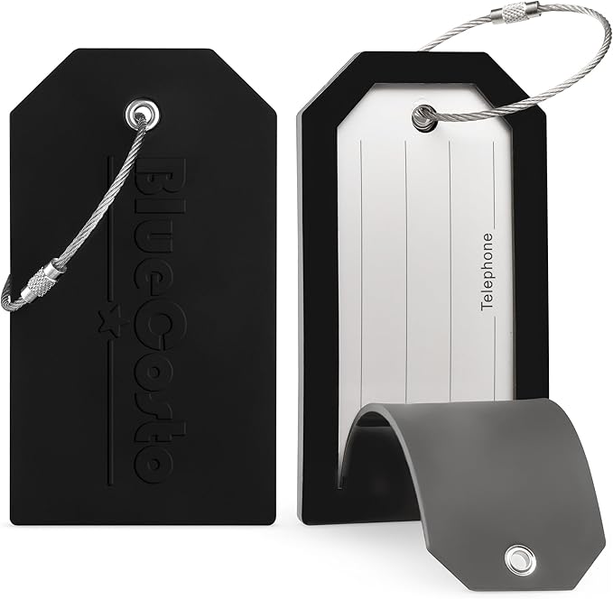 BlueCosto - Luggage Tags - Large, Black, 5 PK - PVC Suitcase Tags w/Privacy Cover & Stainless Steel Wire Loops - Personalized Baggage Identifiers for Travel - Backpack Name Labels