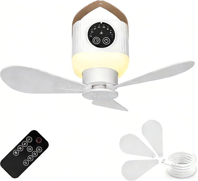 Portable Camping Fan, 7200 mAh Tent Fans with LED Light, Remote Control, Detachable Blades and Hook 4 Speeds 3 Brightness Timer Ceiling Fan for Tents Car Picnics Travel