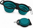 Collapsible Dog Bowls with Carabiner, Double Portable Travel Pet Bowls for Food and Water, Foldable Silicone Dog Bowl for Walking, Hiking, Camping, Small Medium Dogs and Cats, Teal
