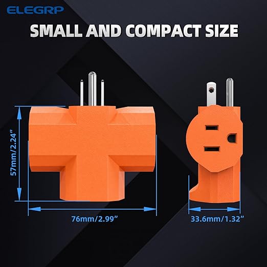ELEGRP 3-Prong Heavy Duty Power Extender to Triple Outlet in T Direction, Multi-Directional Grounded Wall Tap Outlet Extender with 3 Prong Plug-in, 15-Amp, 125-Volt, ETL Listed, 3 Pack, Orange