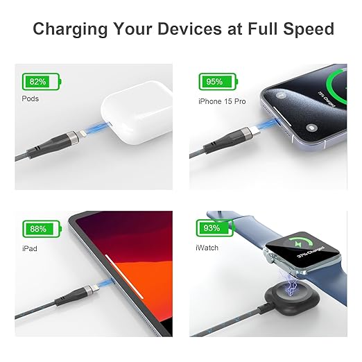 3 in 2 Multi Charging Cable for Apple Watch, iPhone & Galaxy - USB C/Lightning/Micro Fast Charger, Compatible with iWatch Ultra/SE/10-1 & iPhone 16-12/S24 (4FT Nylon Braided)