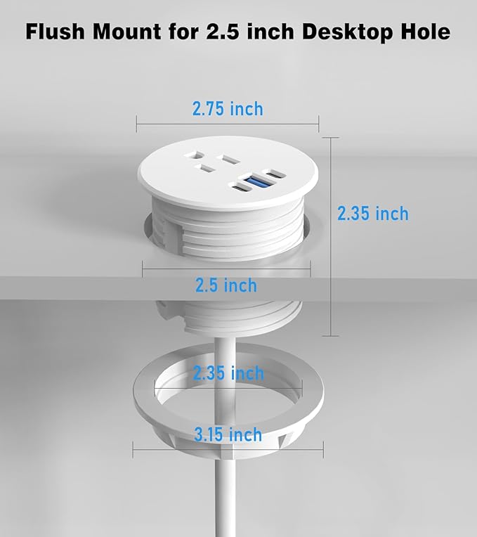 Desk Grommet Power Outlet, 2.5 inch Desktop Recessed Outlet with 20W Fast Charging USB-C Port, Flush Mount Outlet for Conference Rooms, Office Tables, Furniture (White, 10FT)