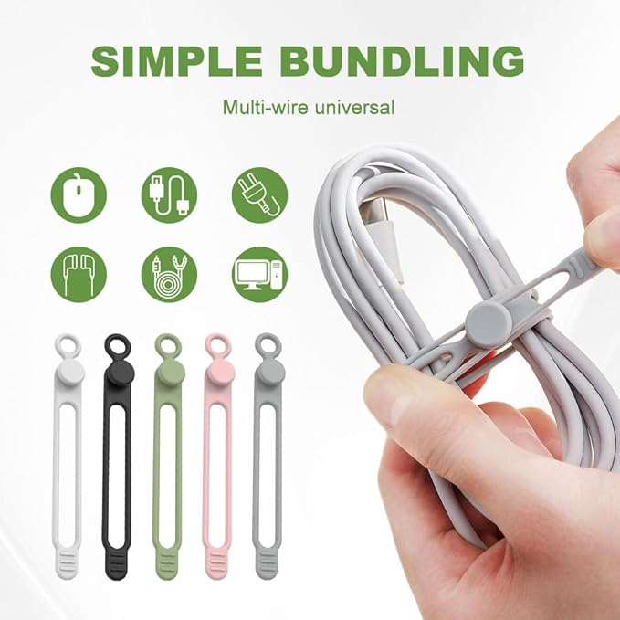 Data Cable Organizer, 2026 Upgrade Silicone Headphone Organizers, Silicone Cable Ties Reusable Cable Management Organizers Multipurpose Elastic Cord Organizer for Bundling and Fastening Cables (5Pcs)
