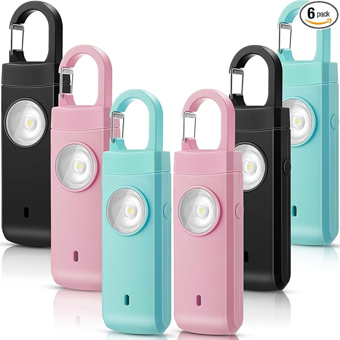 Tellegloww 6 Pcs Rechargeable Personal Safety Alarm for Women, 130db Personal Alarm Protection Keychains Loud Siren with LED Self Defense Keychain for Senior Mom Gift(Black,Pink,Blue,Snap)