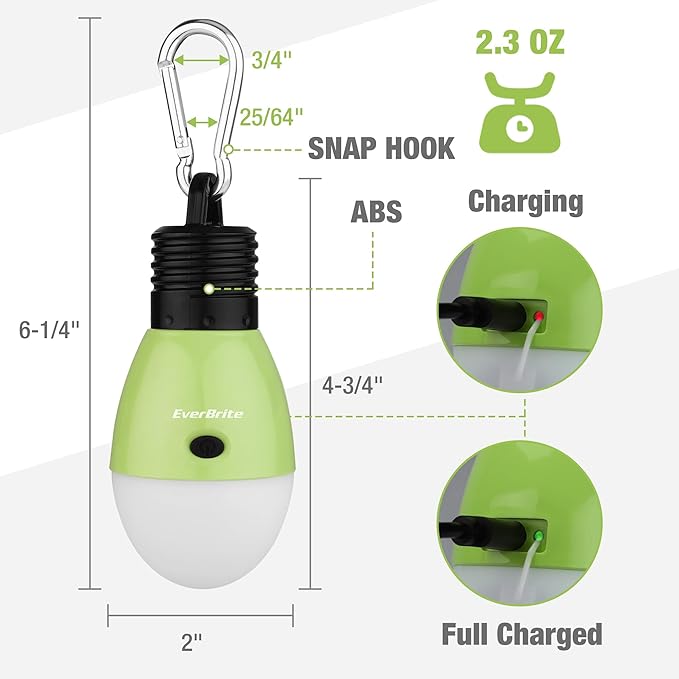 EverBrite Rechargeable Camping Light, Portable Tent Lantern,3 Lighting Modes, Hanging Tent Light Bulbs with Clip Hook for Hiking, Fishing, Backpacking, Emergency and More-Green