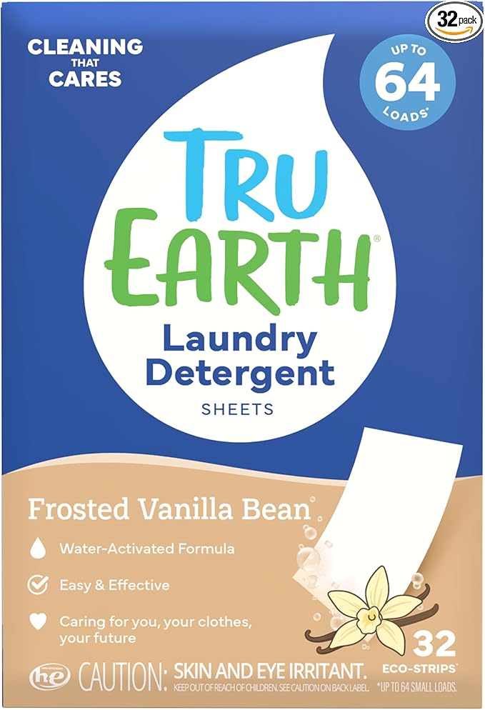 Tru Earth Compact Dry Laundry Detergent Sheets - Up to 64 Loads (32 Sheets) - Paraben-Free - Original Eco-Strip Liquidless Detergent, Great for Travel - Vanilla Bean