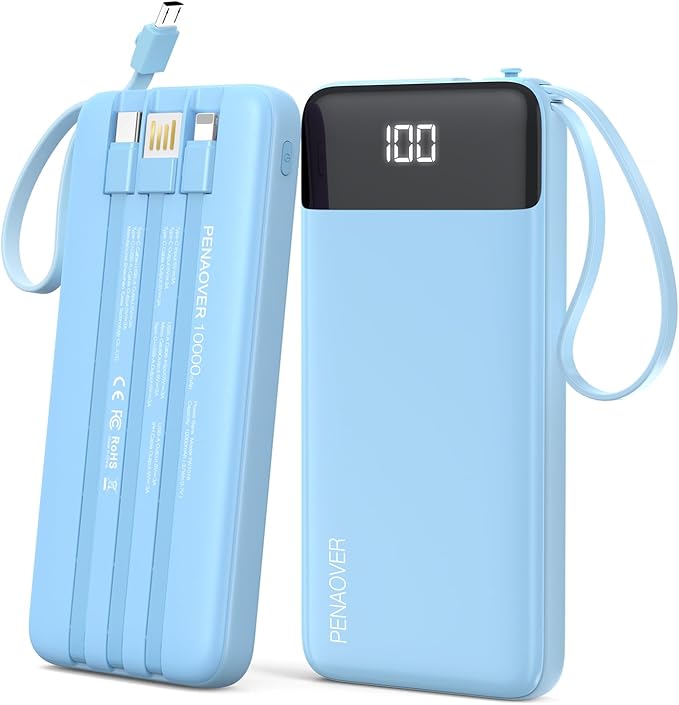 Portable Charger Built-in Cables,10000mAh Power Bank for iPhone,Fast Charge USB C Battery Pack Travel Essentials Slim Lightweight Powerbank Compatible with iPhone 17/16/15/14, Samsung, Android, etc