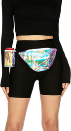 Tipsy Elves Iridescent Icon Fanny Pack w/Drink Holder - Holographic Clear Belt Bag - Small Adjustable Strap Waist Pouch for Secure Storage