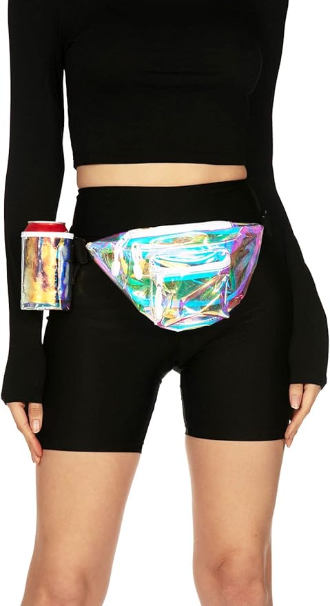Tipsy Elves Iridescent Icon Fanny Pack w/Drink Holder - Holographic Clear Belt Bag - Small Adjustable Strap Waist Pouch for Secure Storage