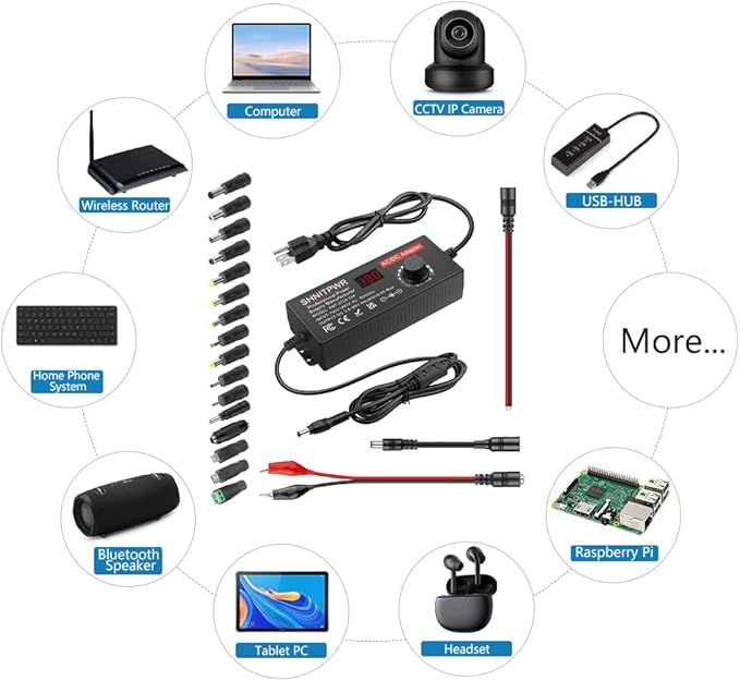 SHNITPWR Variable Universal Power Supply Adjustable DC 4V-24V 144W 6A AC/DC Adapter 100-240V AC to DC Converter with 16 Tips,Alligator Clips,DC Pigtail Power Cable, for LED Strip,CCTV,Camera,Radio