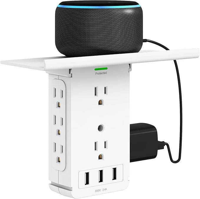 Power Charger Shelf-CFMASTER 11 Port Surge Protector Wall Outlet, 8 Electrical Outlet Extenders and 3 USB Ports 3.4A, with Removable Built-in Shelf and LED Indicator, FCC Listed, White