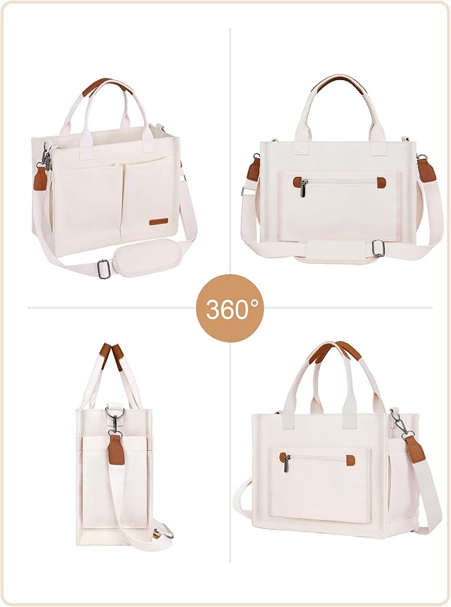 BESBESME Canvas Tote Bag for Women with Zipper & Compartments– Large Work & College Laptop Tote Crossbody Shoulder Bag