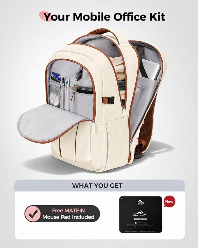 MATEIN HER Teacher Backpack with Lunch Compartment for Women, Water Resistant Work Laptop Backpack for Office Commute with Water Bottle Holder & RFID Pocket, Lunchbox Bag Fits 17.3'' Computer, Beige