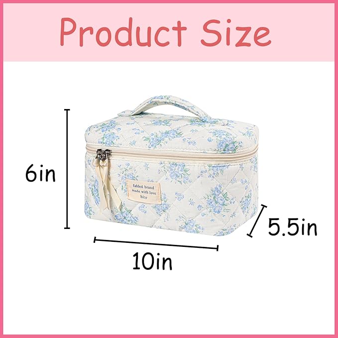 uekeboag Large Travel Quilted Makeup Bag for Women, Floral Cotton Cosmetic Bag, Coquette Aesthetic Floral Toiletry Organizer Bag